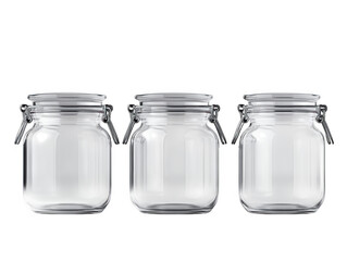 Set of three empty glass jars with airtight lids for kitchen storage and food preservation