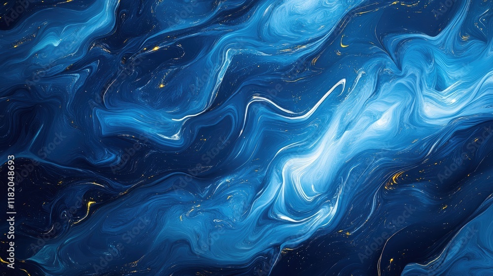Poster abstract design of flowing blue waves and glowing streaks of light, creating a futuristic and smooth