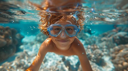 Naklejka premium A happy child wearing a snorkeling mask exploring the seabed among coral and rocks. Suitable for articles about children's vacations, family travel and scuba diving.