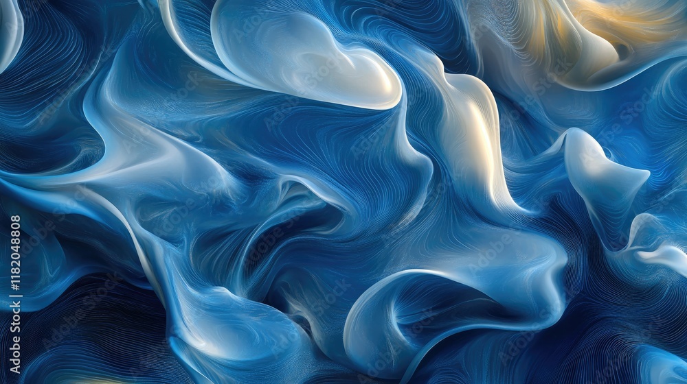 Poster abstract design of flowing blue waves and glowing streaks of light, creating a futuristic and smooth