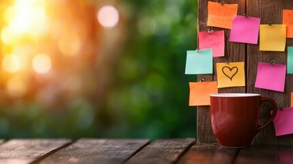 Colorful Sticky Notes on a Wooden Board with a Coffee Mug