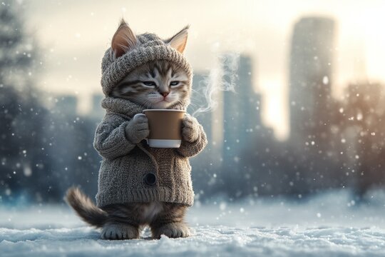 Sad cute baby cat snowshoe in winter warm clothes, holding hot tea with rising steam in paws. Social ad - &ETH;&deg;nimal care. Problem of endangered animals. Kitten cold outreach. Cat winter guard.