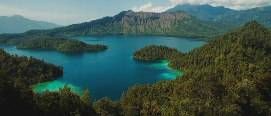Scenic view of volcanic islands on clear blue water at Crater Lake surrounded by lush forest