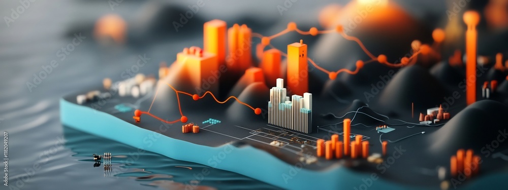 Poster futuristic digital data visualization showcasing the frequency distribution of environmental polluta