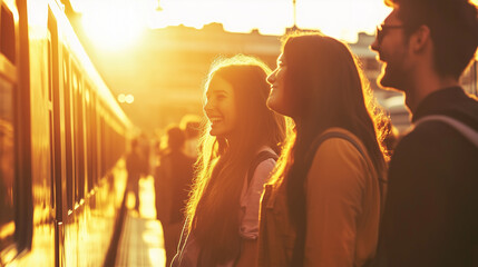 Happy young people, girls with long hair and hipsters laughing, bidding farewell to people at the train station. Backlighting with a warm evening glow.