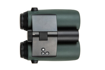 High-quality binoculars with green rubberized coating, black central focus wheel, and ergonomic design, isolated on a white back.