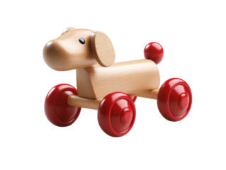 Charming wooden toy dog with bright red wheels on a plain background classic