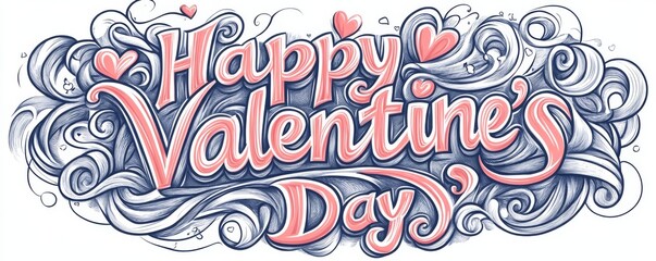 Valentines Day elegant hand text banner. Valentine greeting card template featuring calligraphy for "Happy Valentine's Day" and a pink heart in a line on a white background. Modern illustration