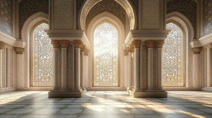 Fototapeta premium A peaceful interior shot of a mosque with decorative arches, intricate patterns on the walls, and soft lighting creating a tranquil atmosphere for prayer and reflection.