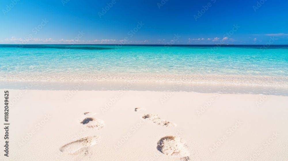 Aufkleber footprints imprinted on pristine white sand lead towards inviting turquoise waters, evoking tranquil