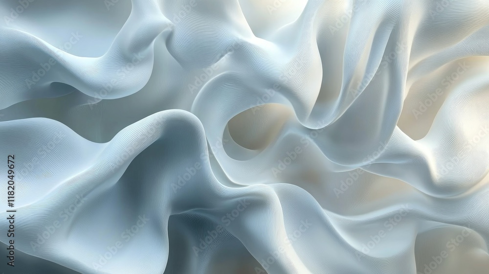 Poster continuous 3d white wave textures forming an elegant pattern with soft light and subtle shadow effec