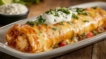 Enchiladas, rolled tortillas filled with chicken and topped with cheese and sauce