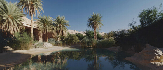 Desert oasis with date palms surrounded by lush greenery and clear water