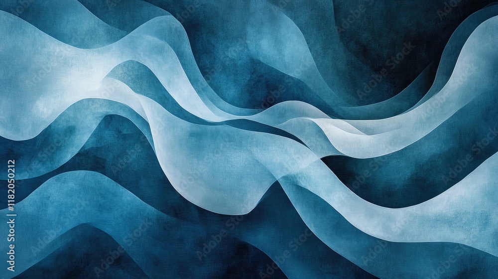 Poster dynamic, overlapping blue wave patterns with soft light reflections and gentle curves for a calming 