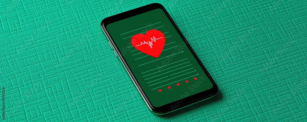 Poster a smartphone displaying a heart-related app on a green textured background, emphasizing health and w