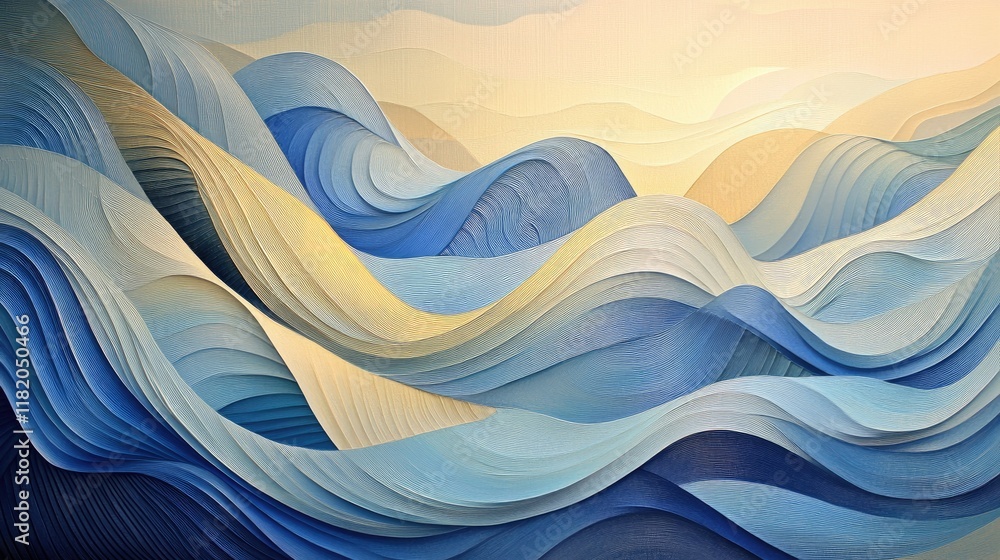 Poster dynamic, overlapping blue wave patterns with soft light reflections and gentle curves for a calming 