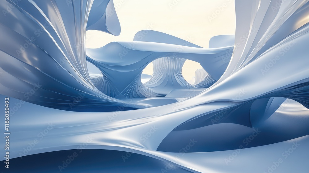 Poster dynamic, overlapping blue wave patterns with soft light reflections and gentle curves for a calming 