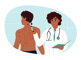 Obraz premium Skin cancer and melanoma awareness month. Health problem, skin diseases. Diagnosis of skin cancer. The doctor examines the patient's skin diseases using a dermoscope. Vector illustration