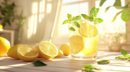 Refreshing lemonade drink in glass with lemon slices and mint on sunny kitchen windowsill.