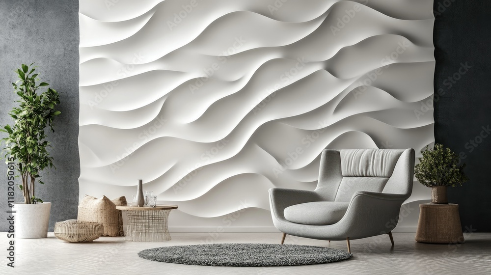 Fototapete elegant 3d illustration of white wave patterns with subtle gradients of light and shadow for a sophi