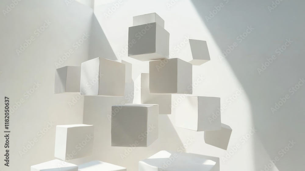 Poster floating 3d white cubes with varying sizes and soft shadows, arranged in a dynamic and minimalist pa