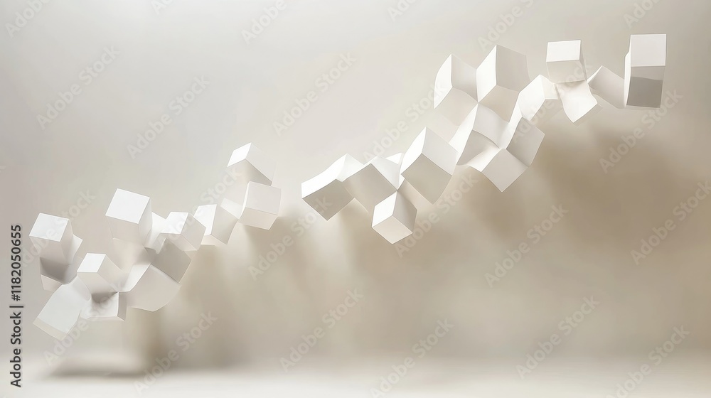 Poster floating 3d white cubes with varying sizes and soft shadows, arranged in a dynamic and minimalist pa