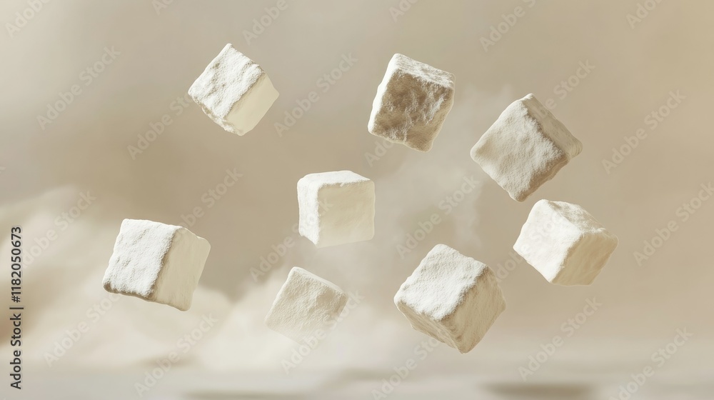 Poster floating 3d white cubes with varying sizes and soft shadows, arranged in a dynamic and minimalist pa