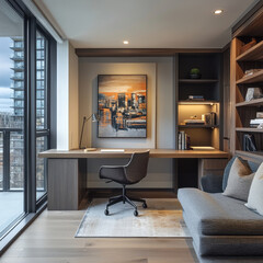 modern multifunctional home office area featuring stylish desk, comfortable chair, and artistic decor