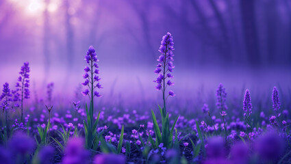 Naklejka premium Purple wildflowers blooming in misty forest at sunset