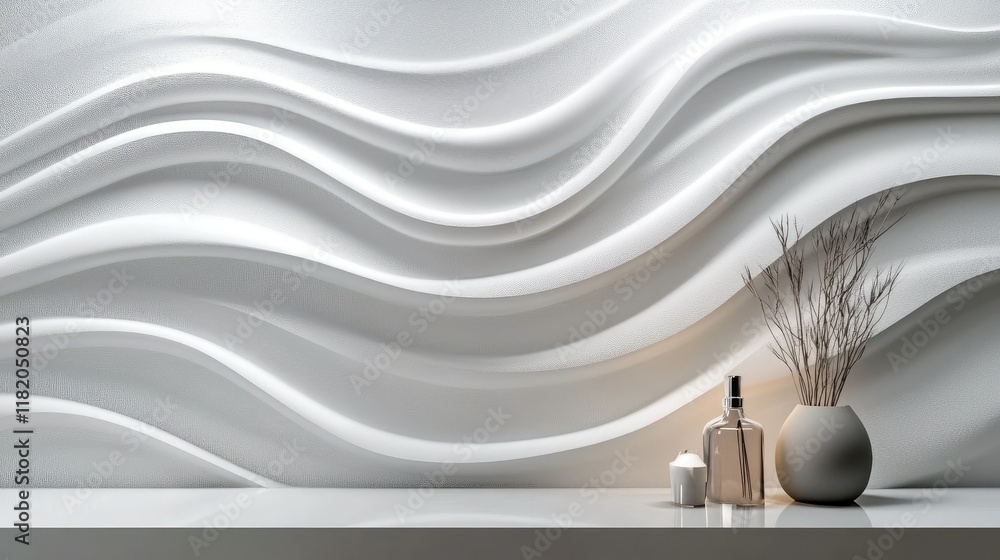 Poster flowing 3d white wave pattern with smooth textures and dynamic lighting for a decorative and modern 