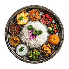 A traditional Indian Thali platter featuring a variety of curries rice vegetables and chutn