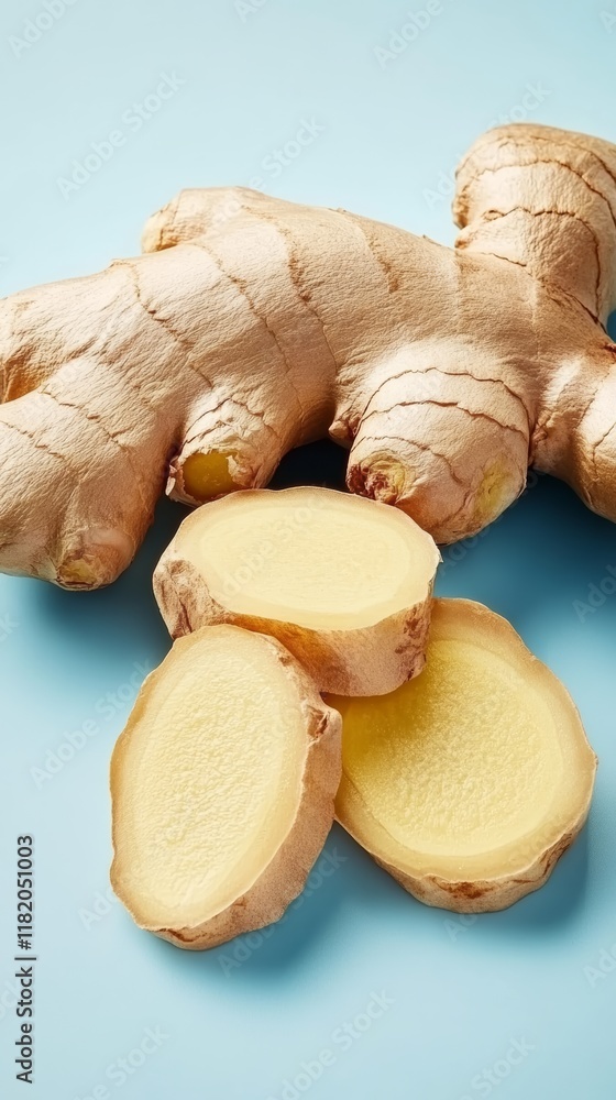 Poster fresh ginger root and slices arranged on a light blue background, emphasizing health benefits and cu