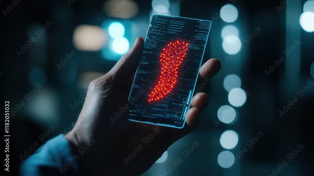 Poster a hand holds a translucent device displaying a glowing red fingerprint against a dark background wit