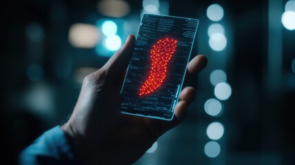 A hand holds a translucent device displaying a glowing red fingerprint against a dark background with soft blue lights.