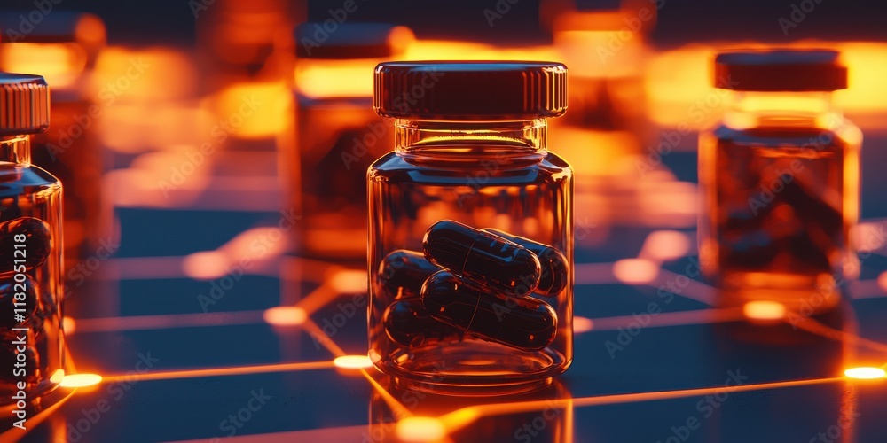 Poster a close-up of transparent pill bottles filled with capsules, illuminated by warm light, creating a m