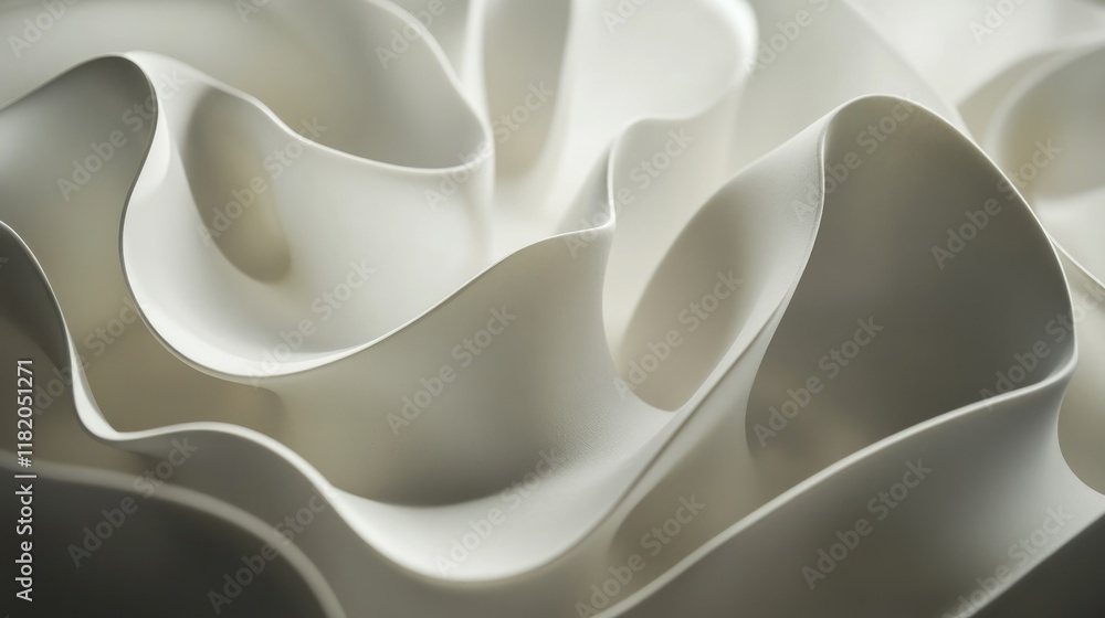 Poster flowing white 3d wave textures forming a continuous pattern with soft lighting and shadow interplay 