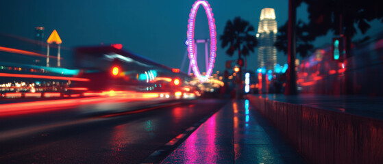Colorful ferris wheel light trails illuminate the night skyline in a vibrant cityscape