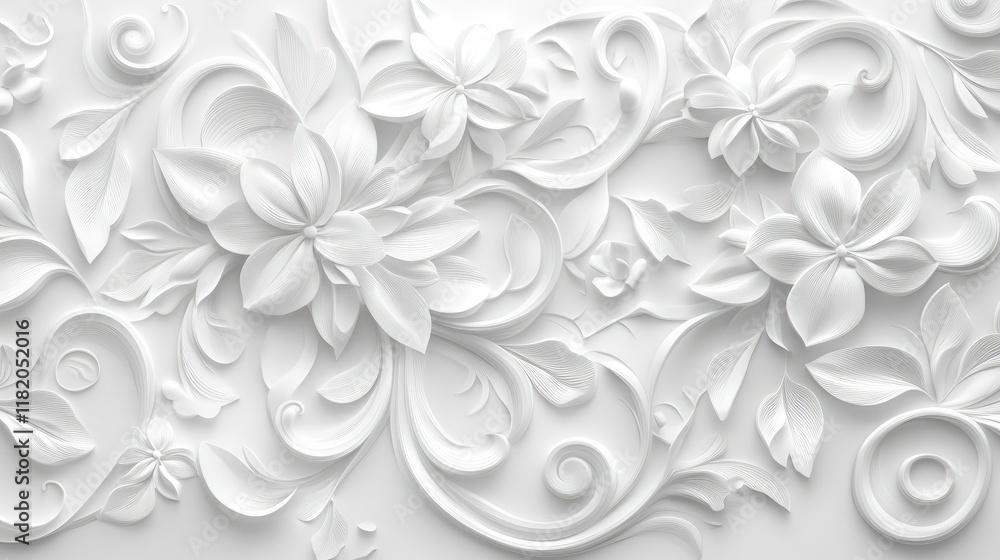 Poster intricate white 3d floral pattern with soft, rounded edges and detailed textures, creating an elegan