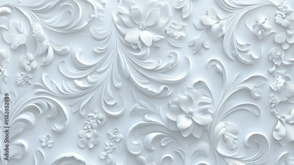Poster intricate white 3d floral pattern with soft, rounded edges and detailed textures, creating an elegan