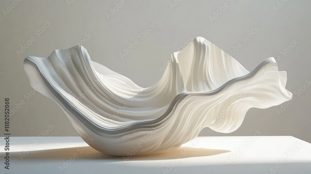 Poster minimalist 3d illustration of white flowing wave patterns with dynamic light and shadow interplay on