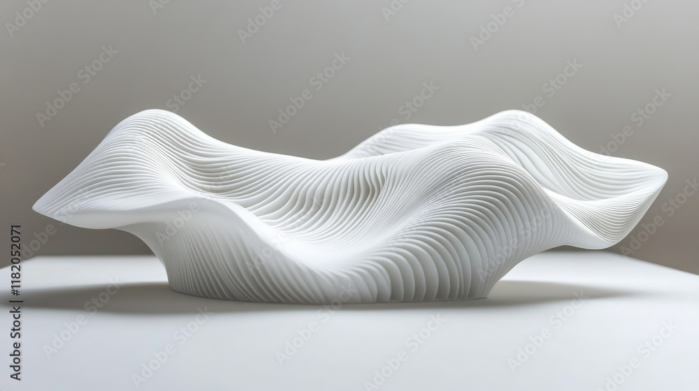 Poster minimalist 3d illustration of white flowing wave patterns with dynamic light and shadow interplay on