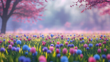 Naklejka premium Colorful meadow full of blooming tulips and other flowers in spring