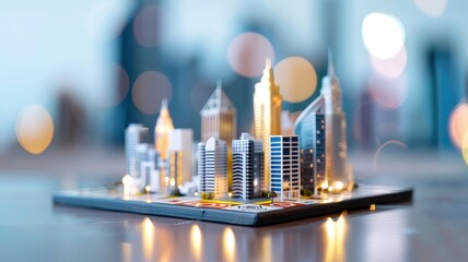 A miniature illuminated city skyline model with modern skyscrapers set against a softly blurred background.