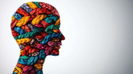 Colorful Brain Made of Rope in Silhouette of Human Head