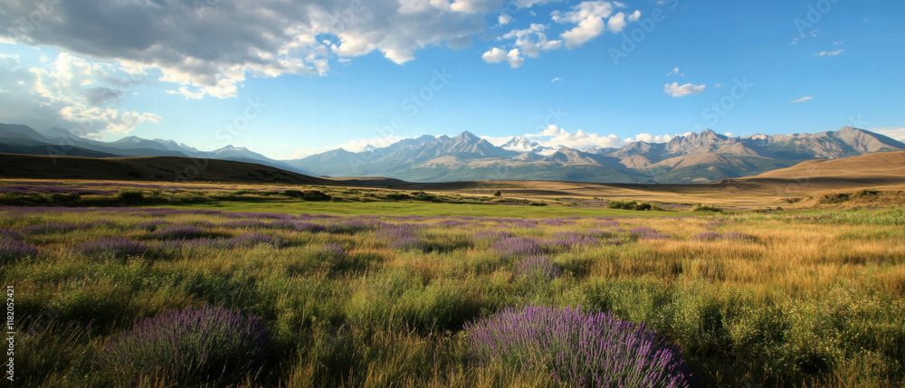Poster fields of lavender bloom under a clear sky with majestic mountains in the background