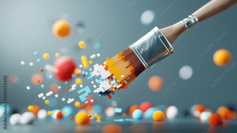 Poster a vibrant paintbrush releases colorful particles and spheres, creating a dynamic explosion of creati