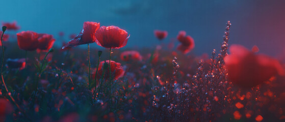 Fields of vibrant red poppies blooming under soft light in an enchanting landscape