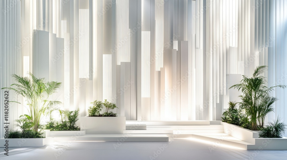 Poster modern white 3d backdrop with layered rectangular panels at varying heights, creating depth and dime