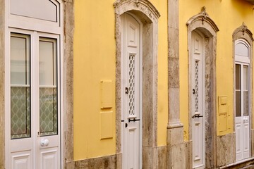 Colorful house facades in the old town of Olhão, Algarve, Portugal