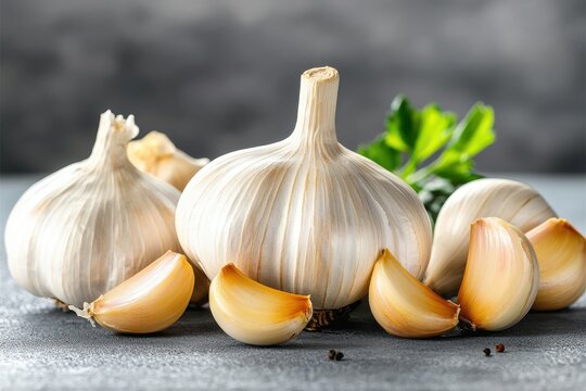 Healthy Living and Plant based nutritional. Fresh garlic bulbs and cloves arranged artistically on a textured surface.